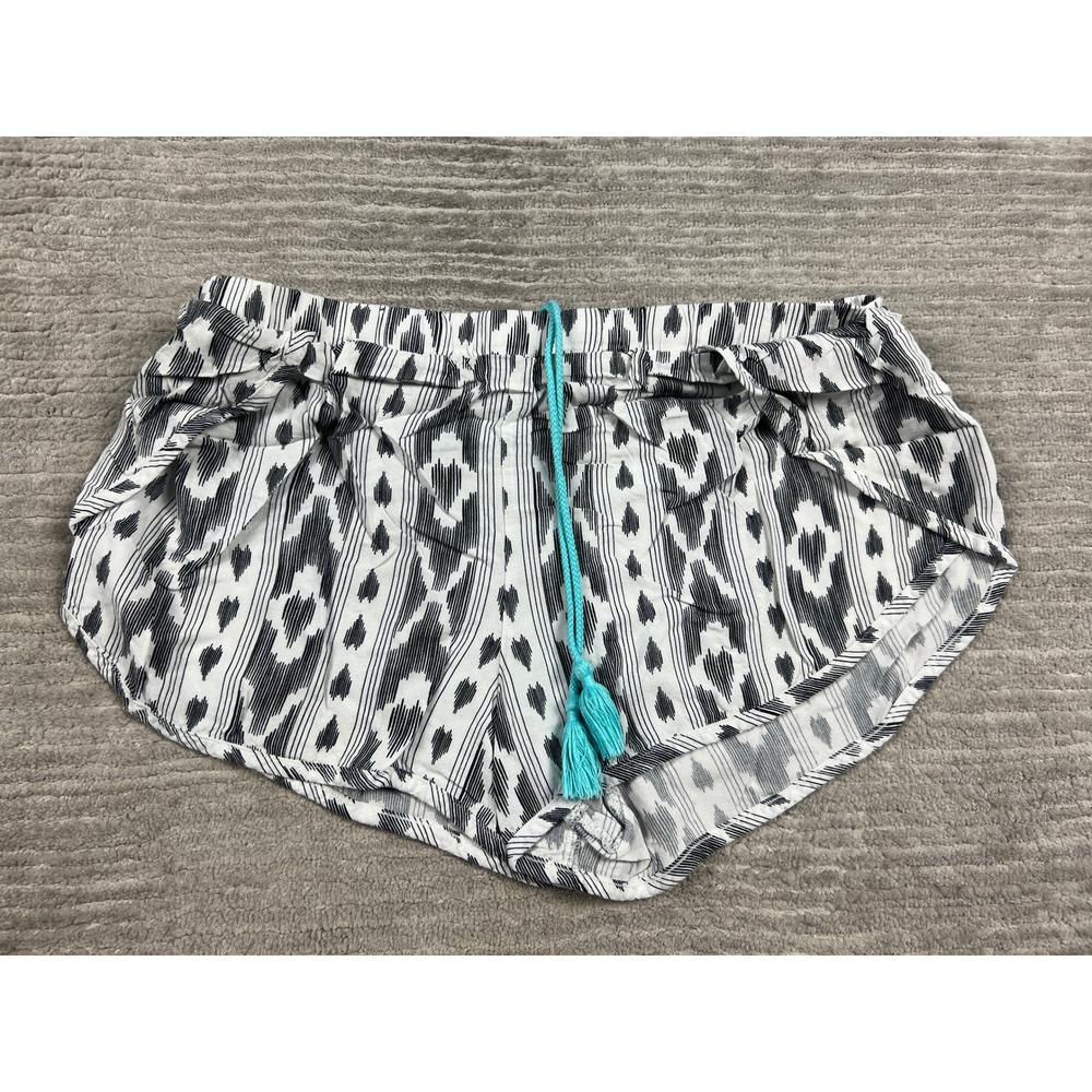 Bongo Shorts Womens L White Black Tribal Ikat Print Tassel Drawstring Rayon Boho